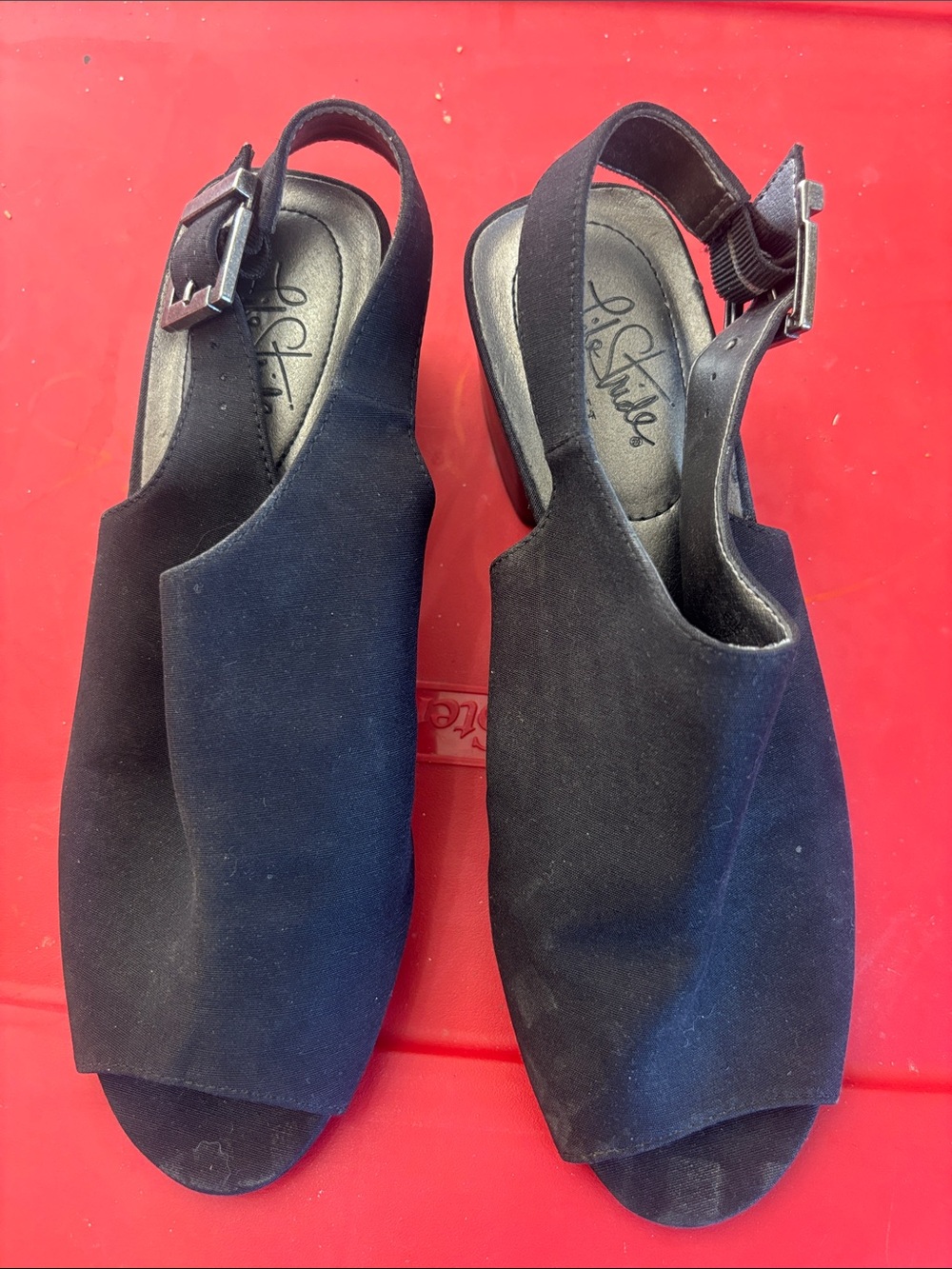 Life Stride Black Suede Slingback Peep-Toe Wedge Sandals